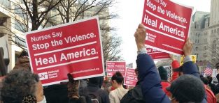 Nurses joined with Americans across the country Monday in calling for an end to hate speech and violence. Photo courtesy of National Nurses United. 